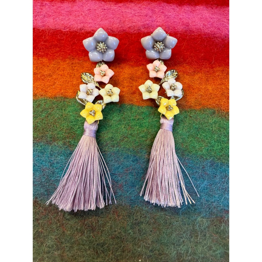 Avon Pastel Floral Tassel Drop Earrings Lavender Pink Yellow Gold Tone Garden